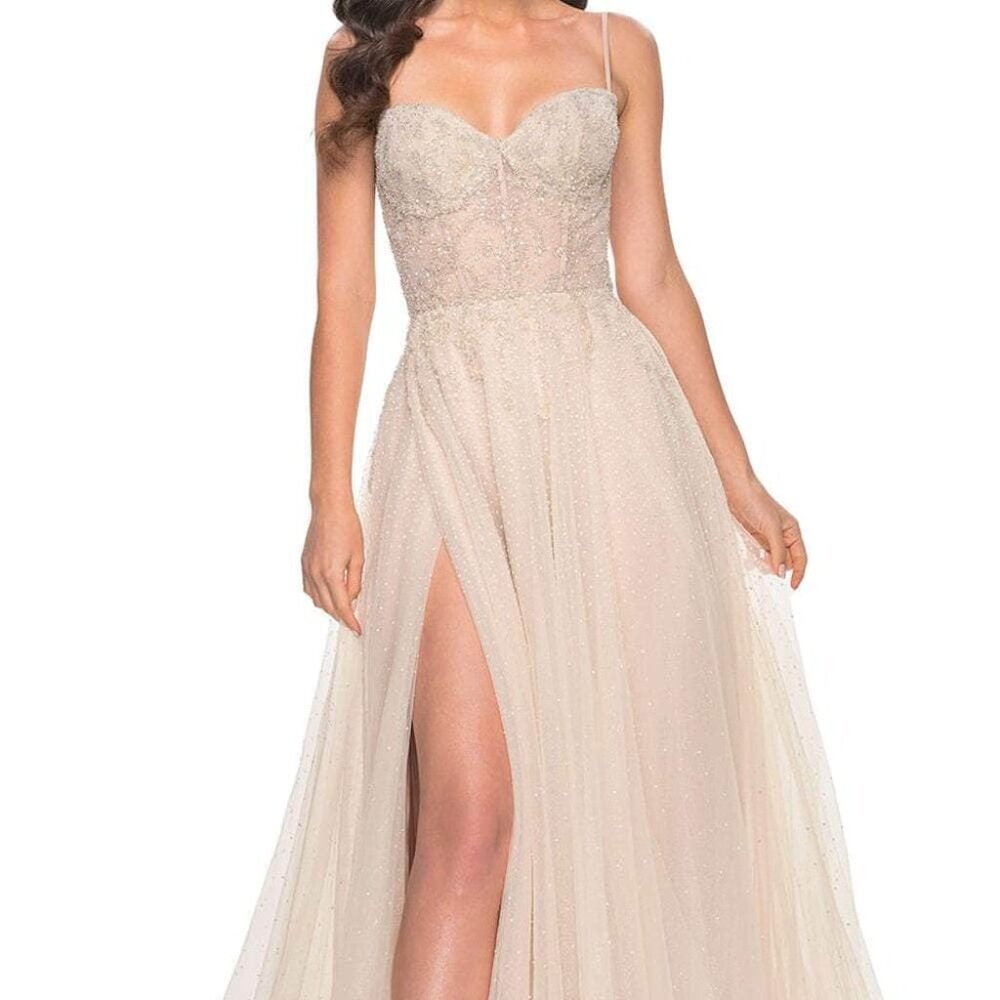 NWT La Femme 32271 Beaded Rhinestone Prom Dress Champagne Size 14